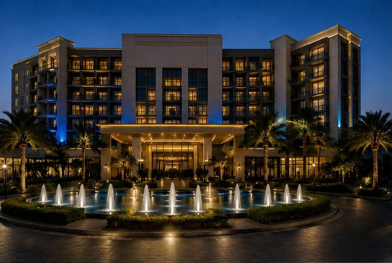 Illuminated hotel facade at dusk behind a landscaped fountain court lined with palms