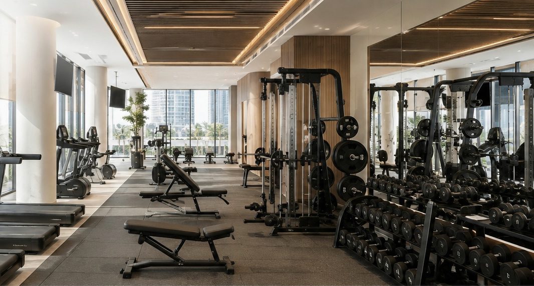 Fitness floor with treadmills facing floor-to-ceiling windows and a free-weight rack