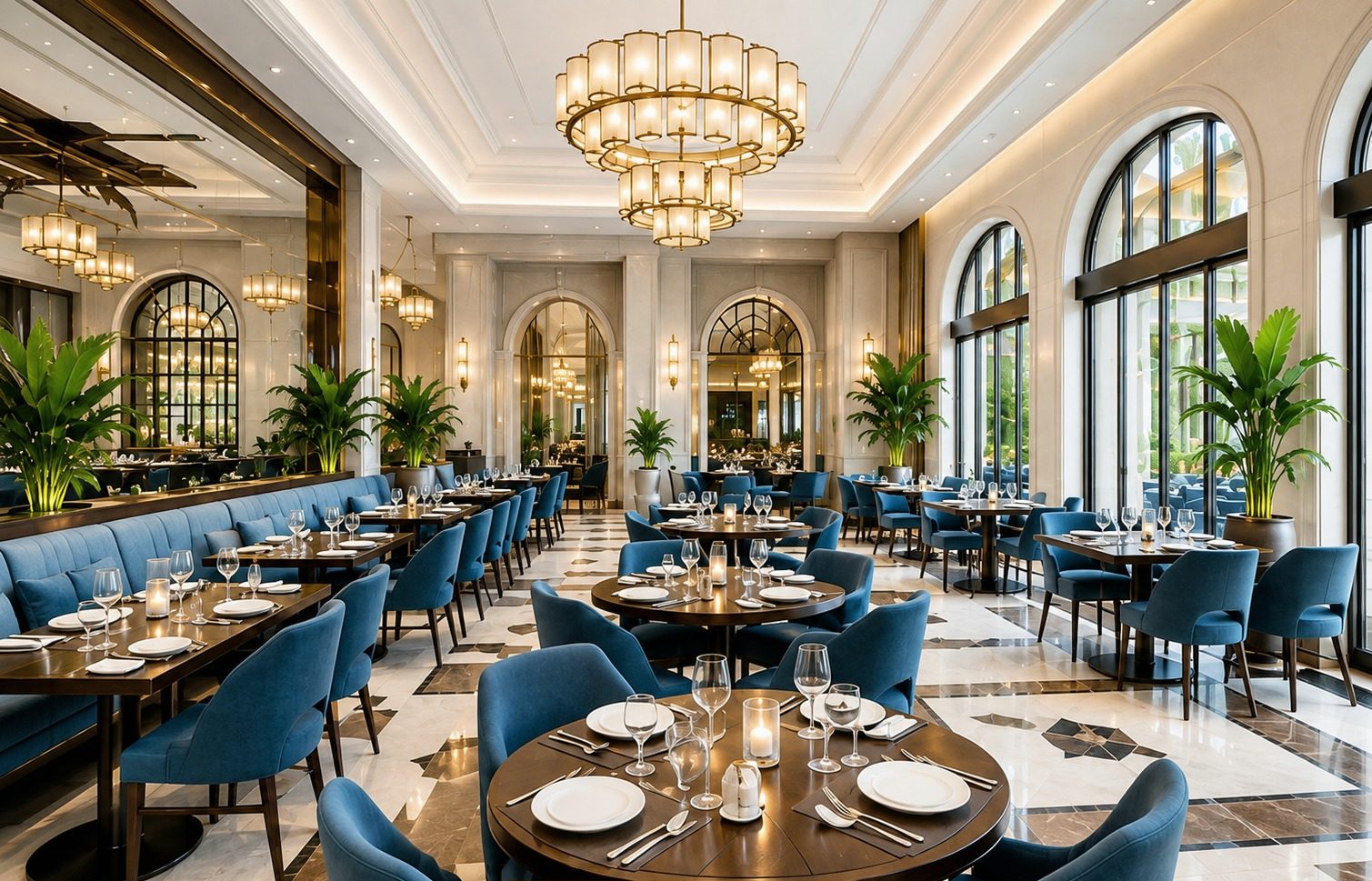 Grand dining room with arched windows, brass chandeliers and blue velvet seating