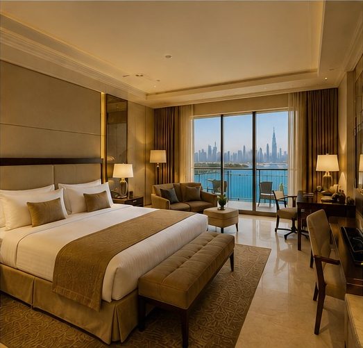 Guest room with a king bed, writing desk and a balcony opening to a city and water view
