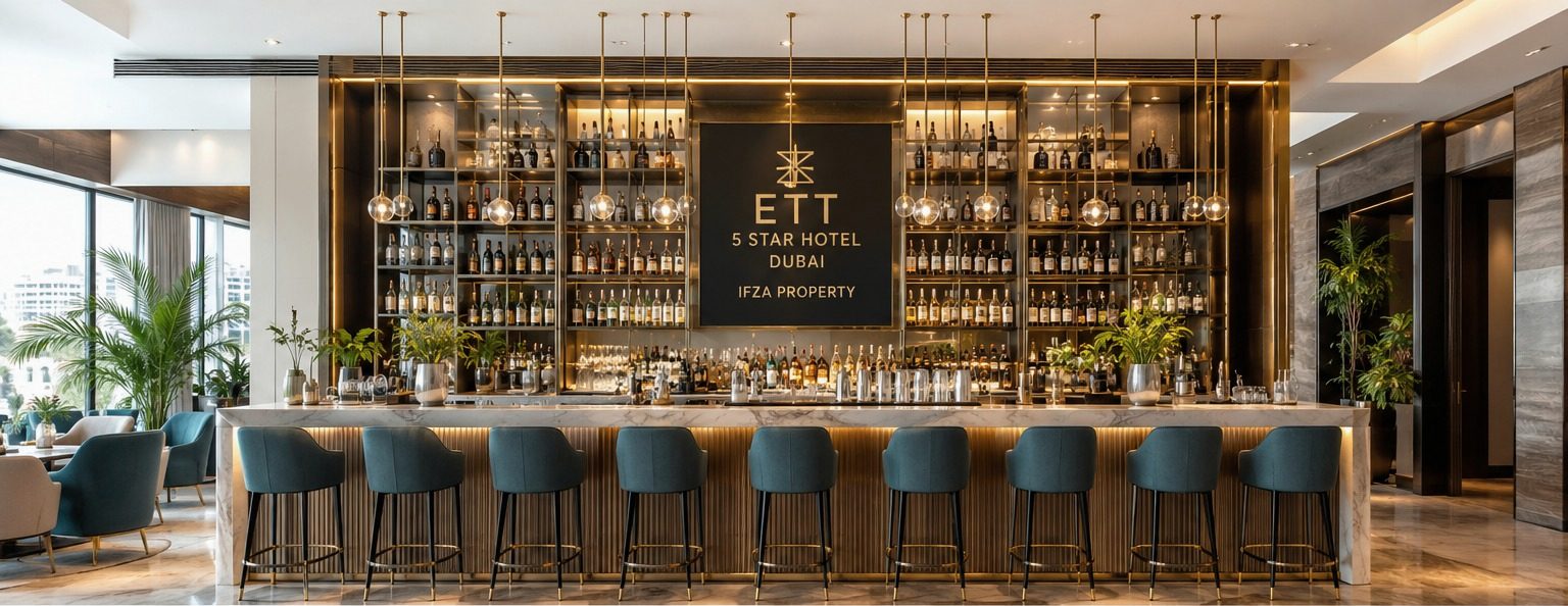 Long marble bar with brass shelving, globe pendant lights and teal upholstered stools