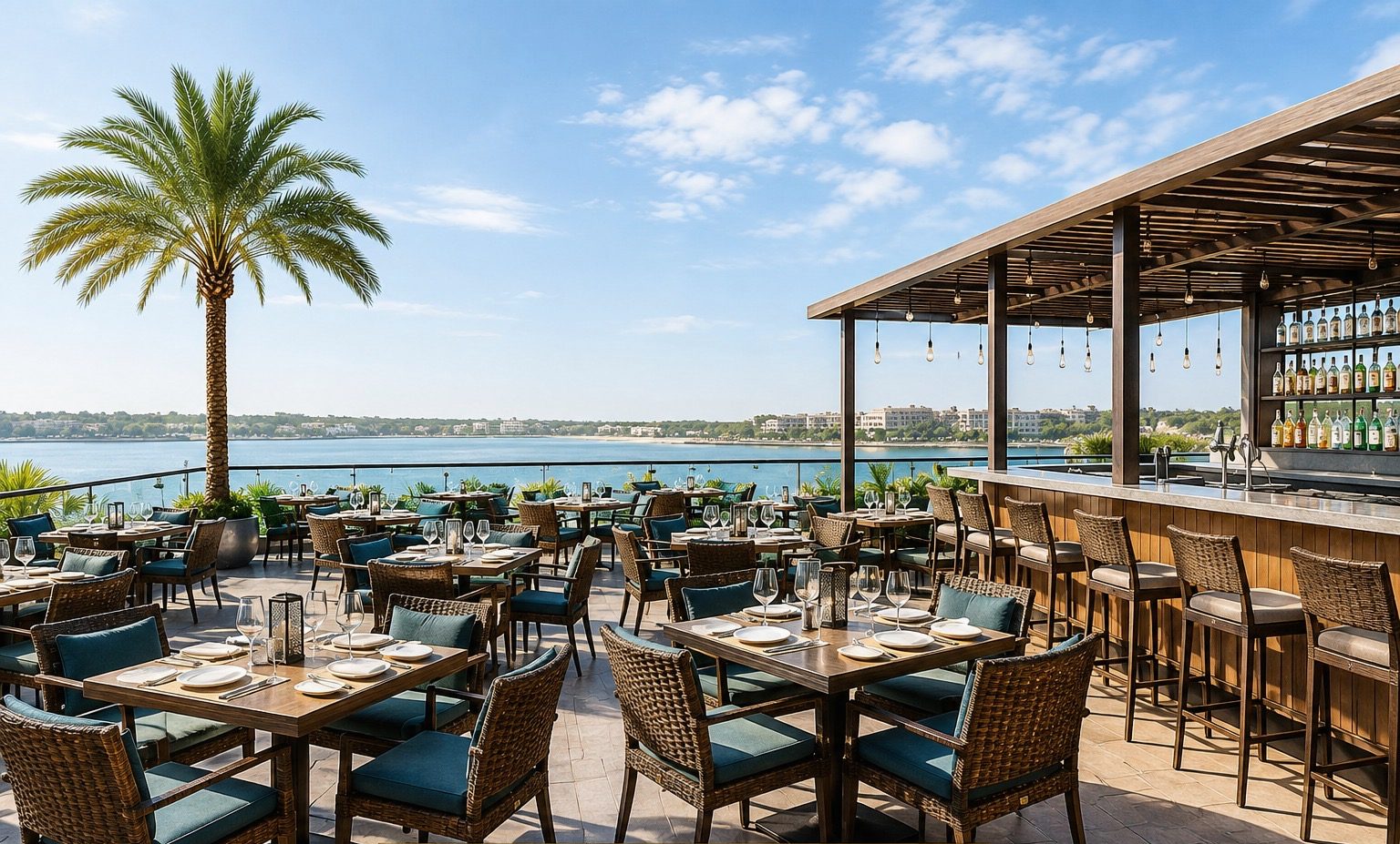 Open-air rooftop restaurant with rattan chairs, a timber bar and a waterfront view