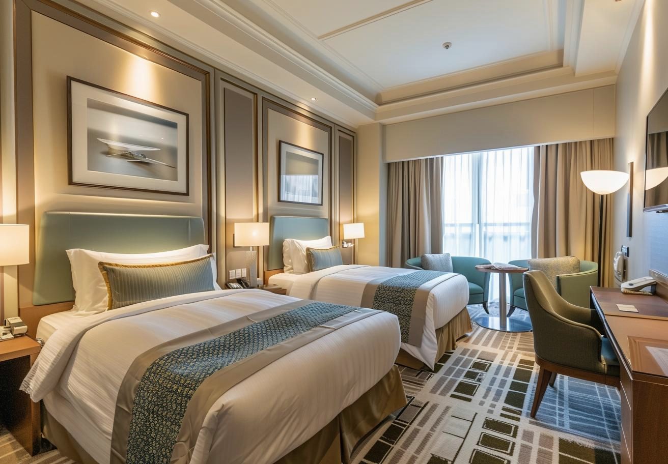 Triple Room with twin beds, a writing desk and armchairs beside the window