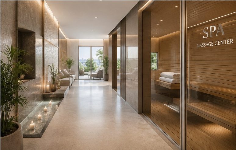 Stone spa corridor with a candlelit reflecting channel and folded towels