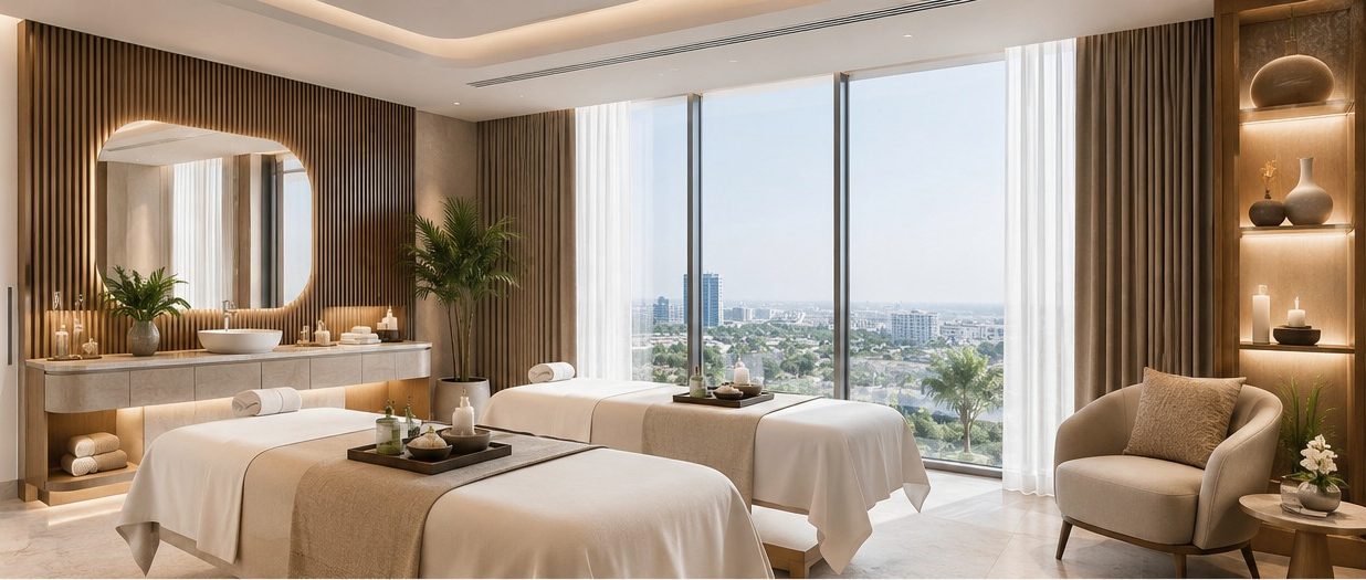 Spa treatment room with twin massage beds, soft lighting and a garden view